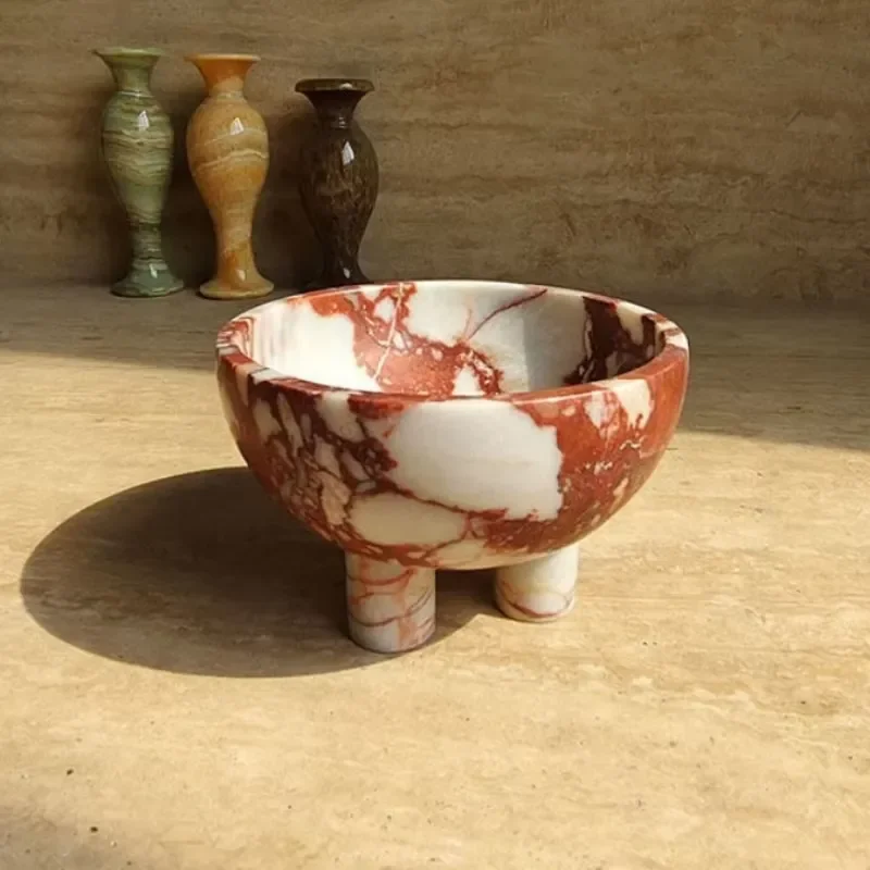 Natural Karakata Red Marble Three Legged Bowl Decorative Tray for Home Desktop Fruit Snack Storage Sample Room Ornaments