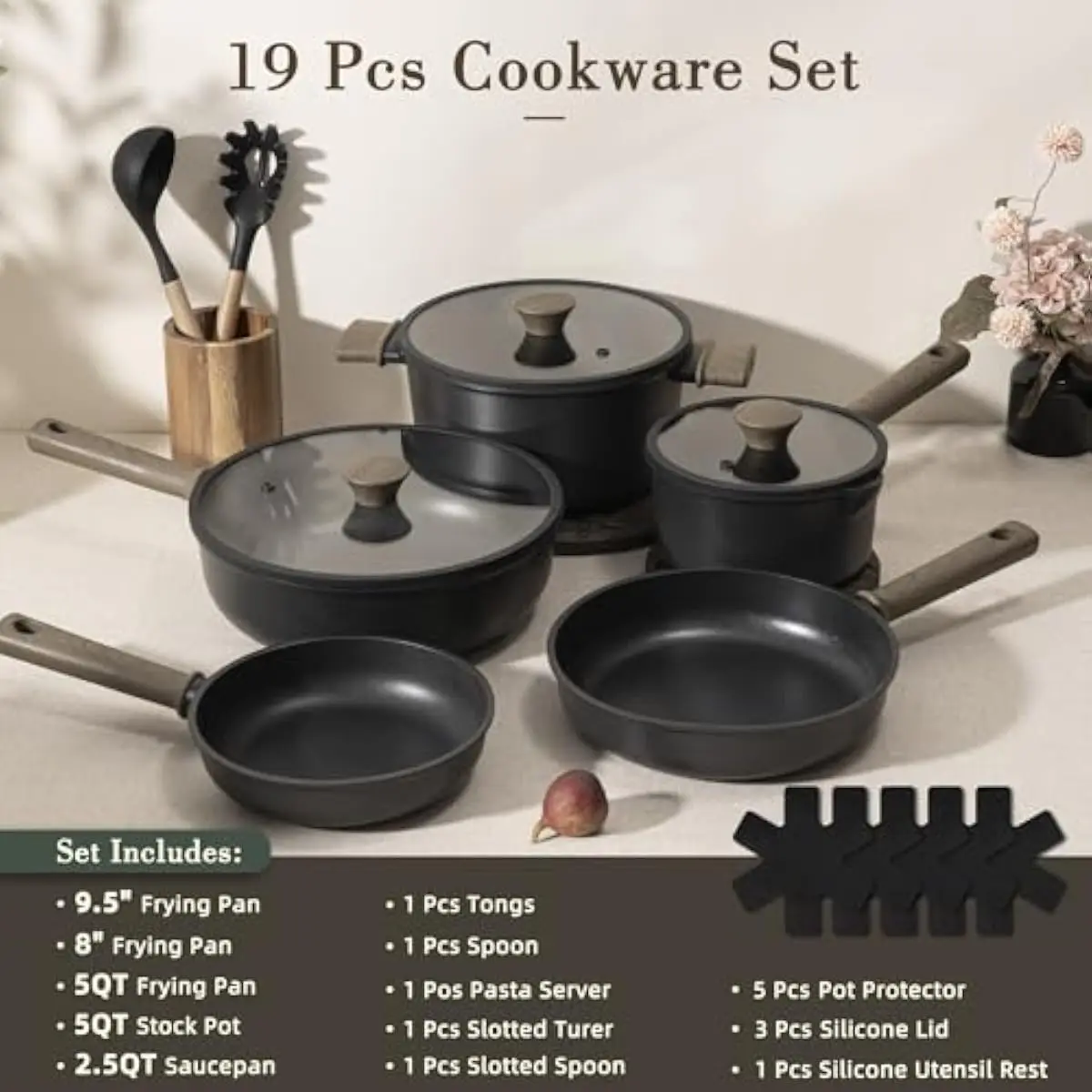 19-piece black titanium non-stick cookware set for induction gas ceramic stoves • aluminum construction with bakelite handles •