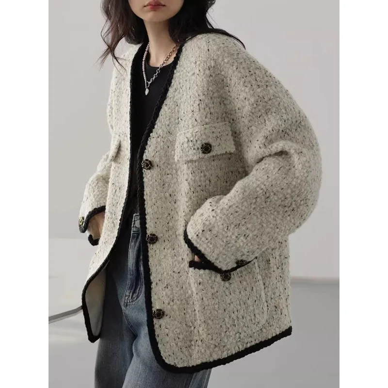 Women's Woolen Coat Tweed V Neck Cardigan Jacket Vintage V-Neck Woman Coat Female Tops Autumn Winter 2024 Jackets for Women