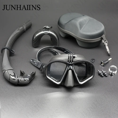 Wet Go-pro Mount Máscara de buceo de bajo volumen Máscara de buceo de vidrio templado Máscara de buceo tipo J Juego de snorkel con soporte para cámara Negro