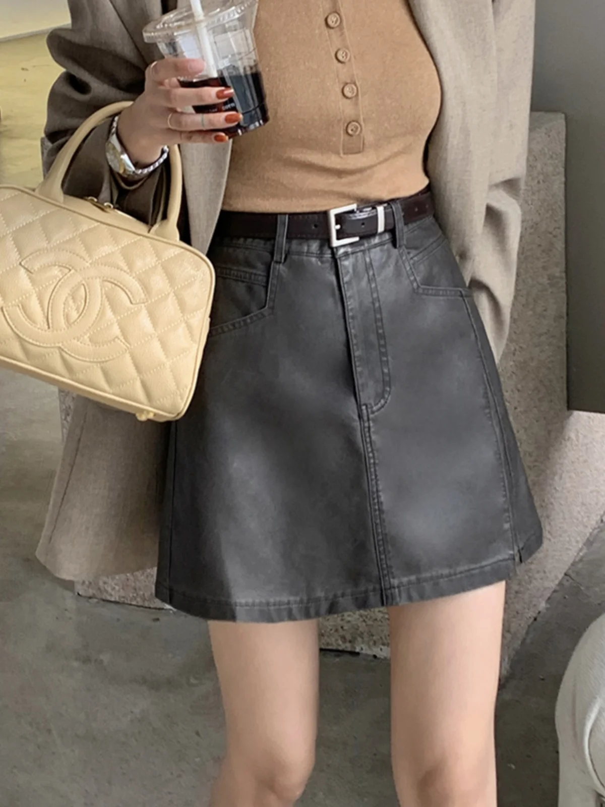 High Waist PU  Skirt Women's A-Line Short Skirt Slimming Lady Commuter Style Fashionable Autumn New Arrival