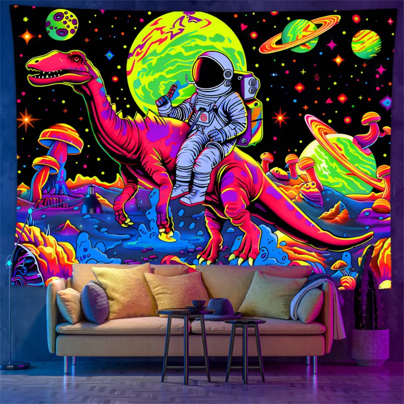 VIKAMA Black Light Tapestry Fluorescent Uv Reaction Wall Hanging, Psychedelic Astronaut Dinosaur And Waterfall Room Home Decor