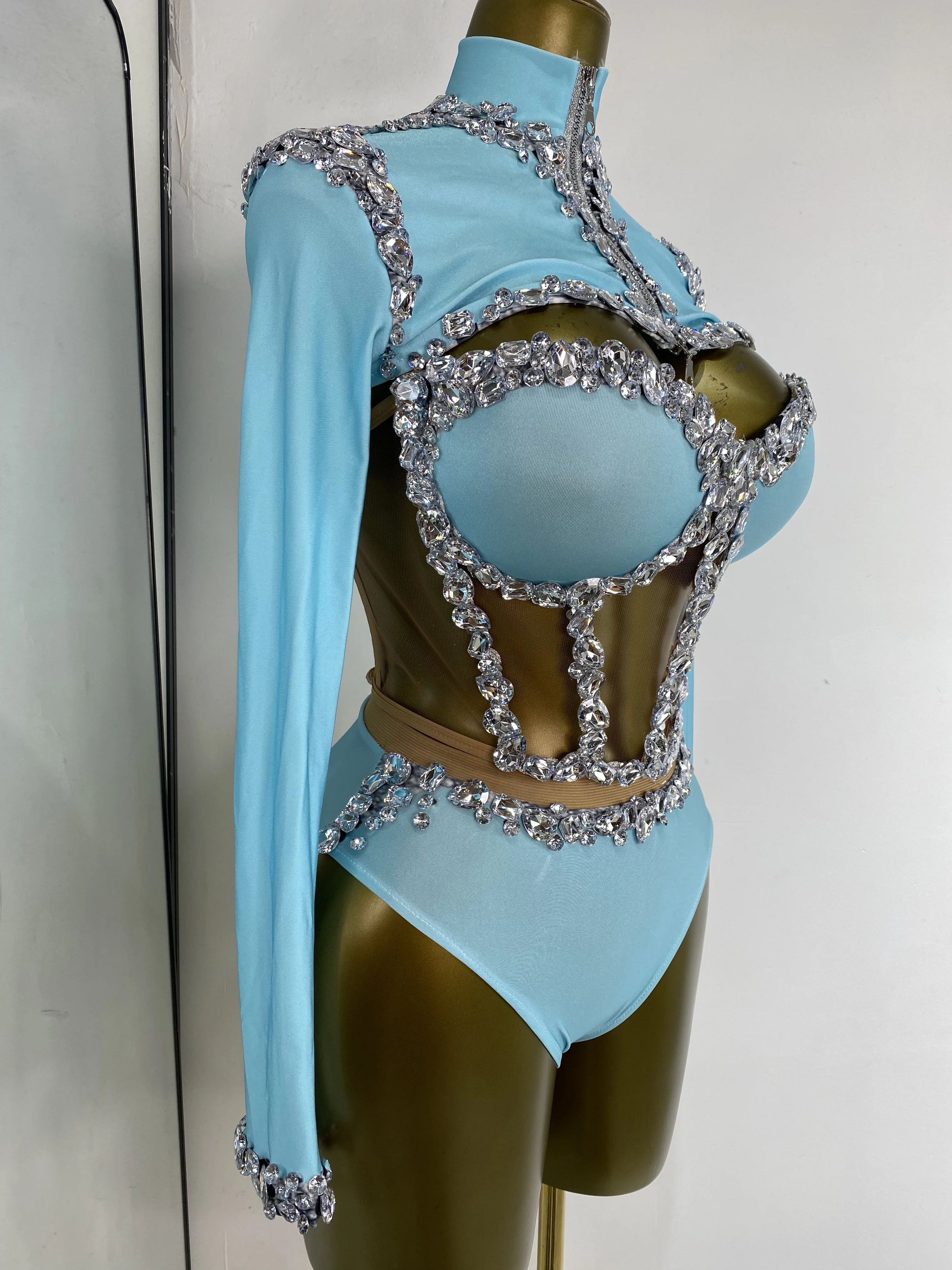 

Women Sky Blue K-pop Stage Costumes 3pieces Crystale Long Sleeve Top Tube Corset and Underwear Sparkly Nightbar DJ Gogo Outfits