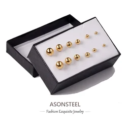 ASONSTEE 6 Pairs/Box Stainless Steel Ball Stud Earrings Set Mixed Size Anti-allergy Ear Studs For Gift Jewelry Accessories Trend