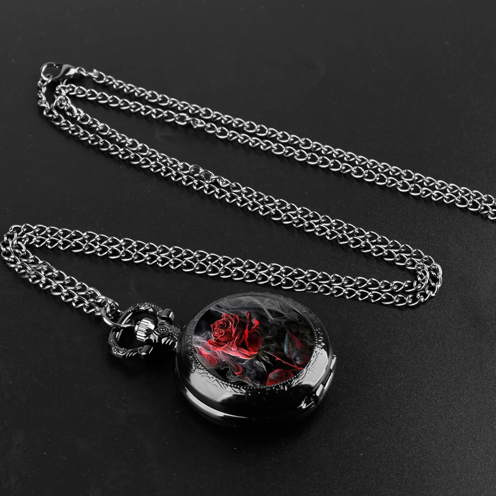 New Fashion Retro Rose Pattern Black Quartz Pocket Watch Pendant Necklace Men Watch Women Watch Jewelry Gift