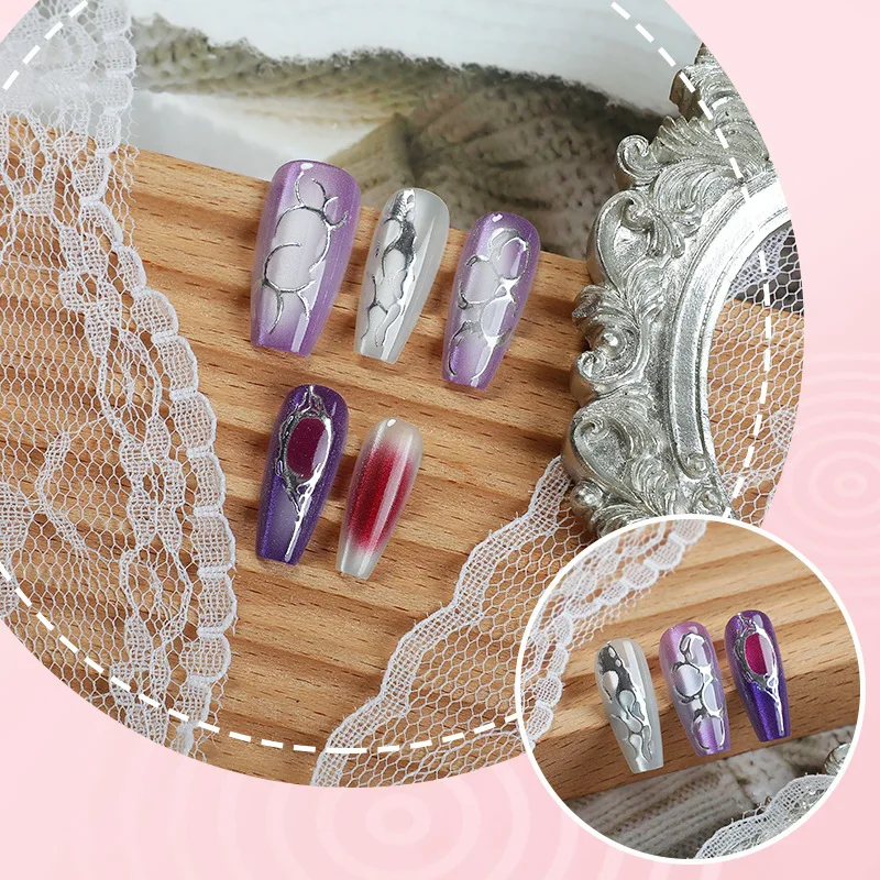 

24 шт., фиолетовый, белый, готический пресс на ногтях ручной работы, длинный гроб, накладные ногти, серебристый металлик, детали в виде сердца, острый фэнтезийный дизайн ногтей