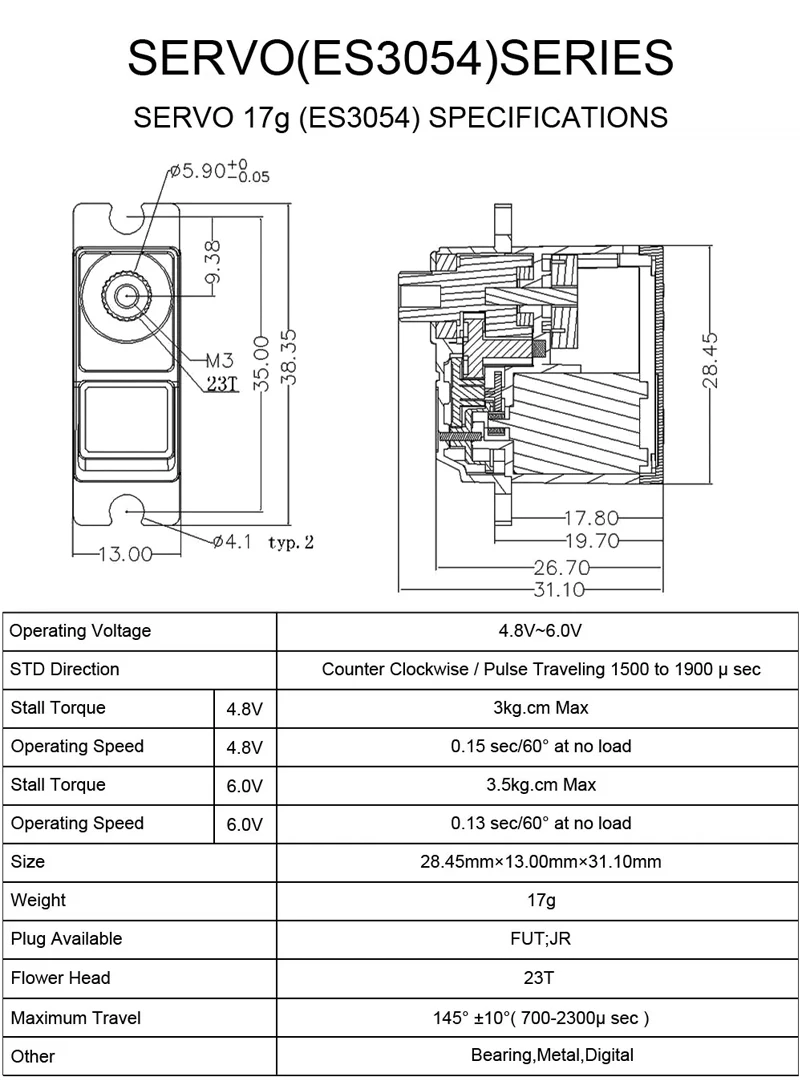 4 teile/los Emax ES3054 3054 4,8 V-6,0 V 17g 3,5 kg 23T Metall Getriebe Digital servo – Detail 1
