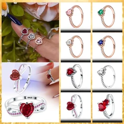 Serie de incrustaciones en forma de corazón de Plata de Ley 925, anillo brillante de circón en forma de corazón multicolor, joyería de amor