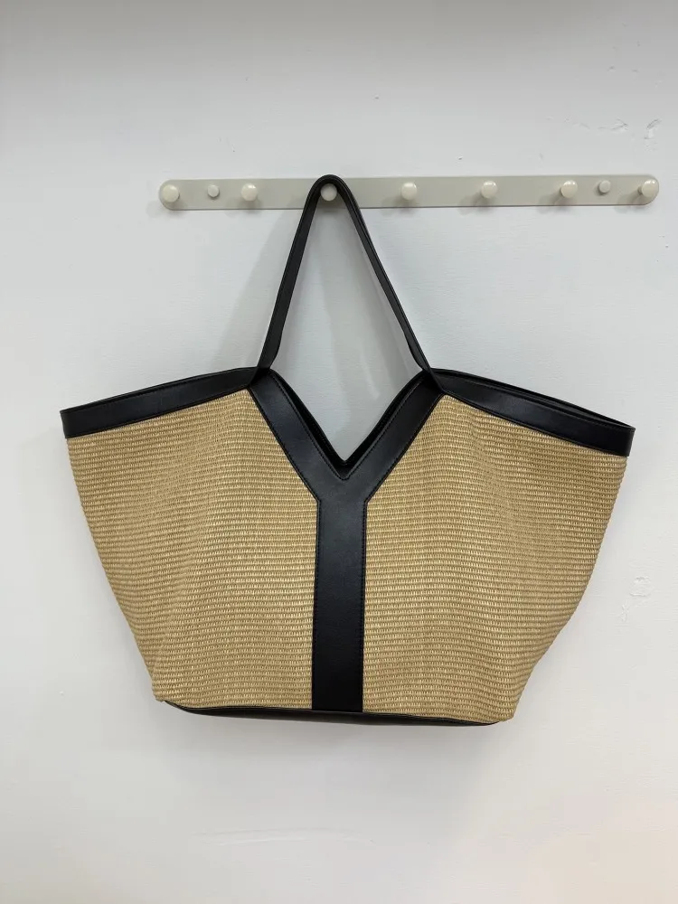 New Women Casual Tote Genuine Leather Spliced Straw Underarm Beach Bag Large Capacity Handbag Office Ladies Single Shoulder Bags