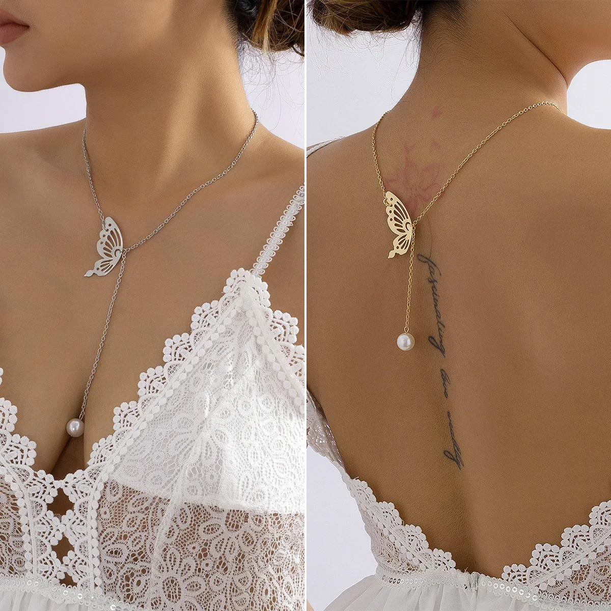 Accessories, simple geometric two-wear temperament items, creative hollow butterfly imitation pearl necklace women