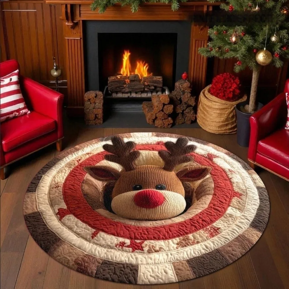 60*60cm Christmas Round Carpet 3D Special-shaped Red Santa Claus Floor Mat Anti-Slip Imitation Cashmere Bedroom Door Mat