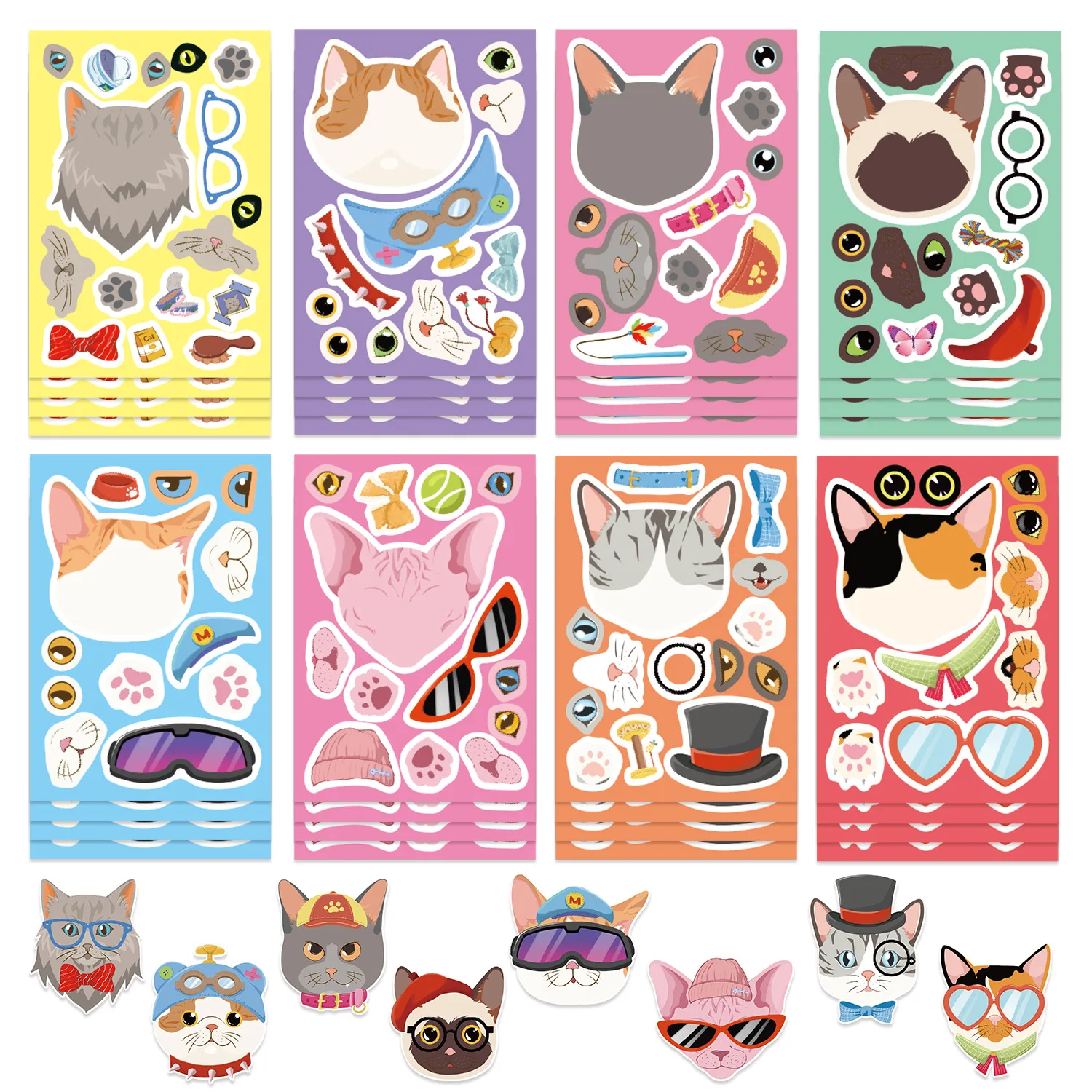 8Pcs Cartoon Katze Kopf Gesicht Ändern Puzzle Aufkleber Niedlichen Tier Machen EIN Gesicht Spielzeug Gesicht Ändern kinder Spielzeug telefon DIY Aufkleber