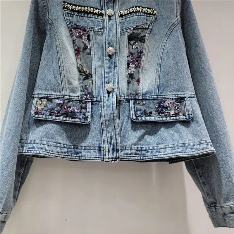 Herbst Vintage Spitze Pailletten Blumen Blau Kurze Jeans Jacke Frauen Stehen Kragen Einreiher Langarm Weibliche Cowboy Outwear