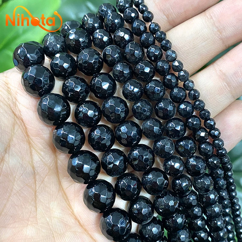 Natural Faceted Black Agates Round Loose Beads for Jewelry Making Charms Bracelet Accessories 15'' Strand 4/6/8/10/12/14/16mm