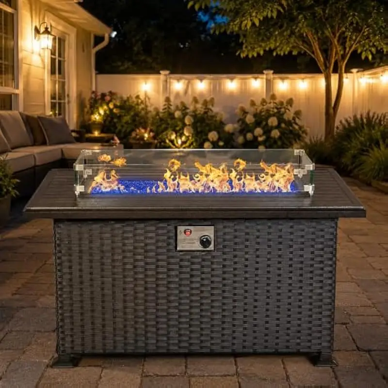Outdoor Rectangular Fire Pit Table with 50000 BTU Propane Burner Aluminum Top Brown Wicker Frame Tempered Glass Wind Guard Blue