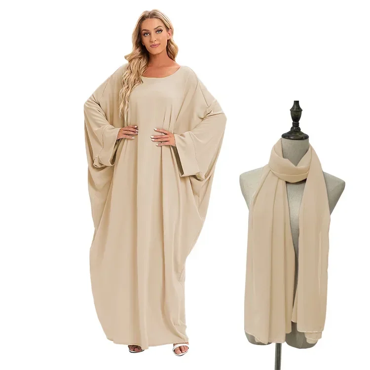 

2023 Muslim Abayas for Women Bat Sleeve Loose Simple Dress Solid Casual Long Skirt Muslim Dress Women Dubai Turkey Islam Clothes