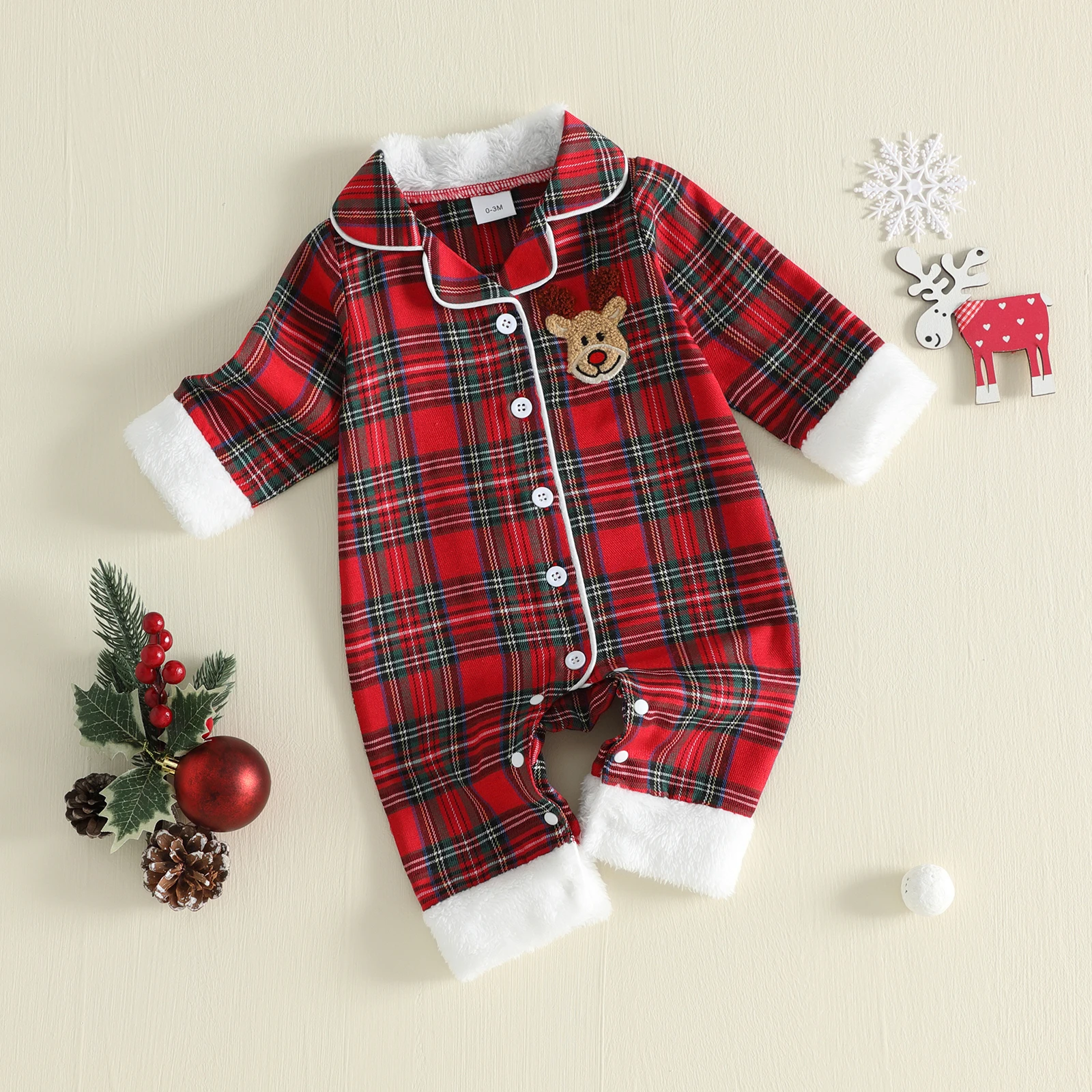 Cute Baby Christmas Pajamas Rompers Long Sleeve Lapel Button Up Plaid Jumpsuit Xmas Costume