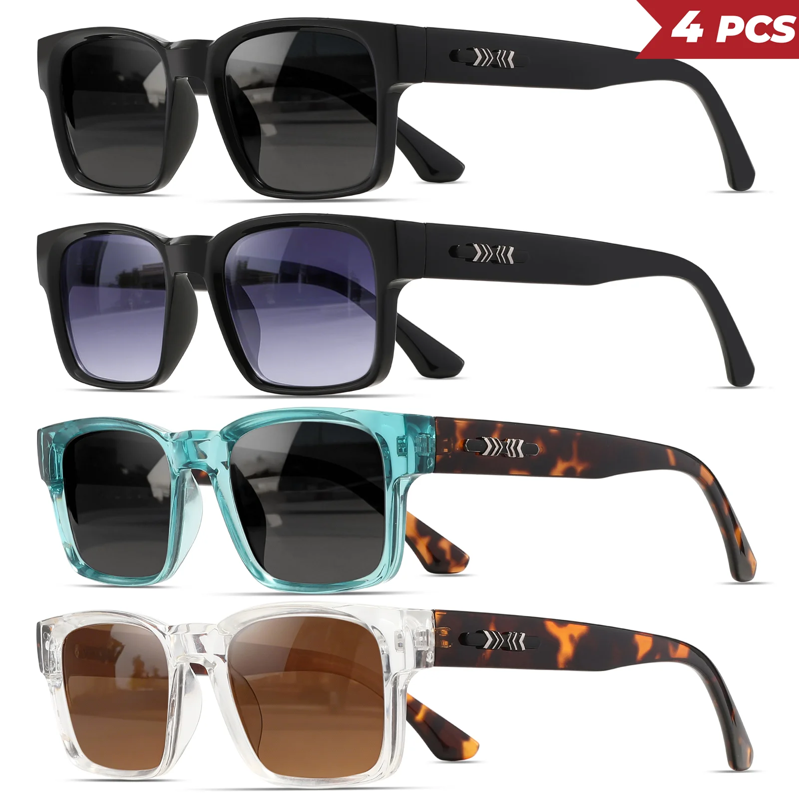4 Stück klassische quadratische Vintage-Sonnenbrille – Nietenakzente auf Bügeln, UV400, Unisex für den Alltag, Freizeit und Reisen