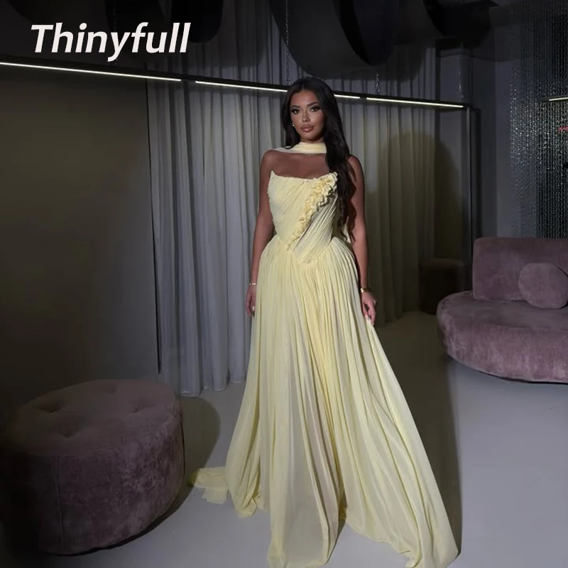 

Thinyfull A-line Chiffon Prom Dresses Strapless Sleeveless Holiday Style Gown Long Evening Party Dress Robe De Soirée Customized