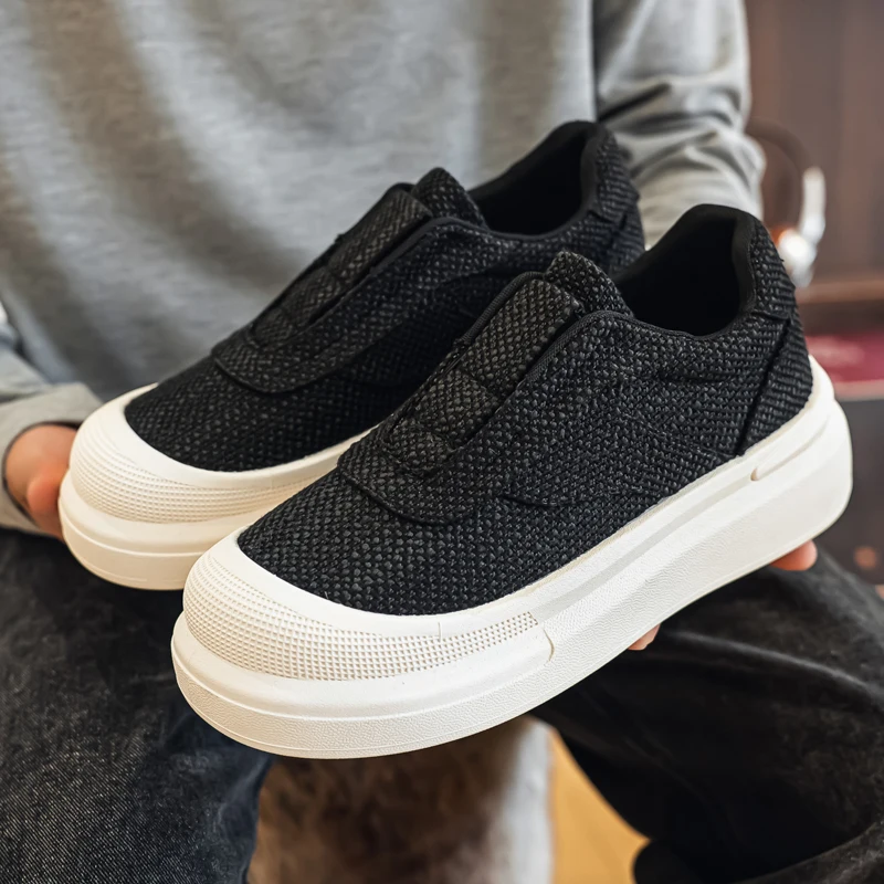 Spring Summer Linen Fabric Slip on Shoes Velcro Design Thick Platform Footwear