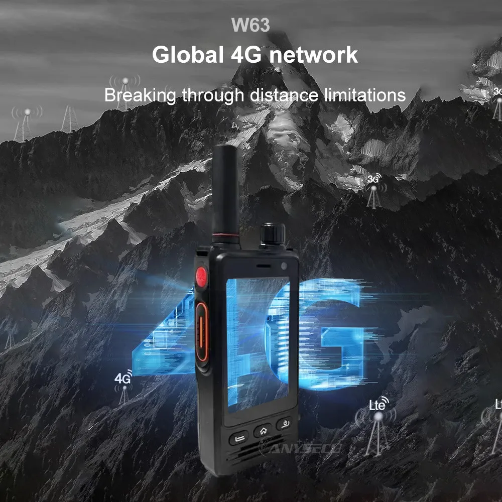 ANYSECU W63 4G Network IP68 Walkie Talkie Zello RealPTT Android 9.0 Dual SIM Rugged Two Way Radio with GPS NFC 4000mAh Battery