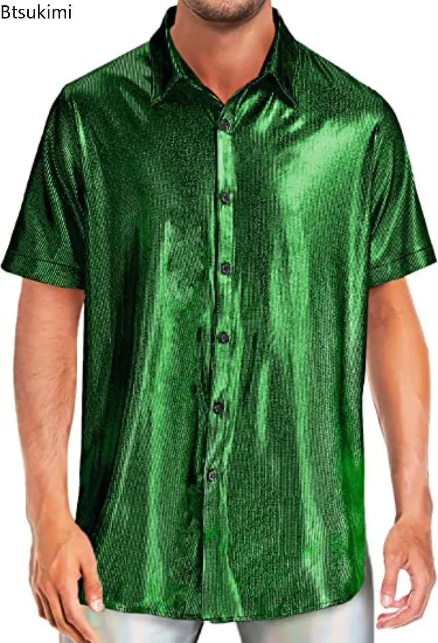 Men's Summer Party Shirt Shiny Surface Performance Shirt with Turn-down Collar Short Sleeve Tops Tees for Club Disco Stage Show