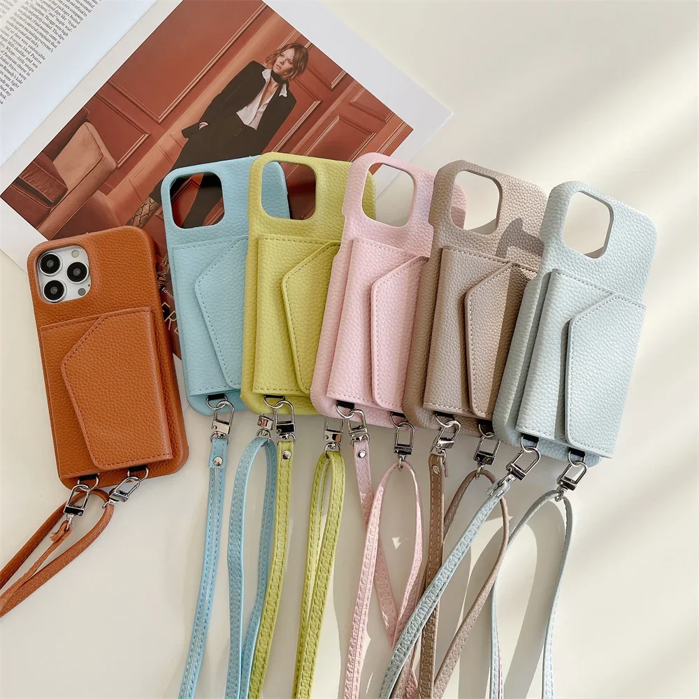 Leather Crossbody Lanyard Wallet Phone Case for IPhone 15 14 13 12 11 Pro Max Mini X XR XS Max 8 7 Plus SE 2 3 Card Holder Cover