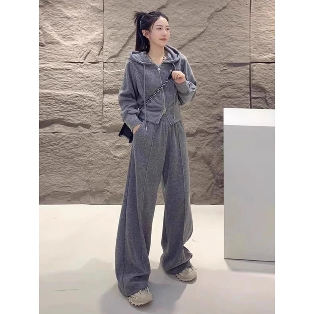 Casual Sportswear Set Women's 2026 New Fashion Open Cardigan Hoodie Top Wide Leg Pants Two Piece Set Trendy 864 Polyester Winter