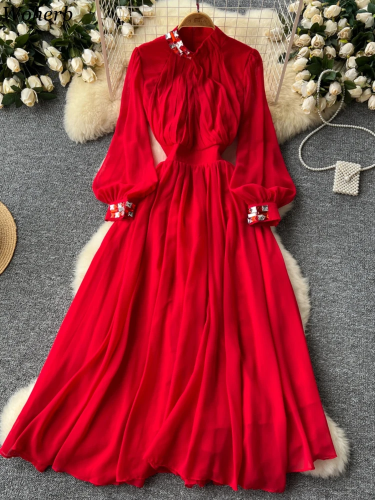 Diamond Dresses for Women Lantern Sleeve Stand Neck Robe Femme Fashion Temperament Autumn Pleated Dress 2024 Vestidos De Mujer