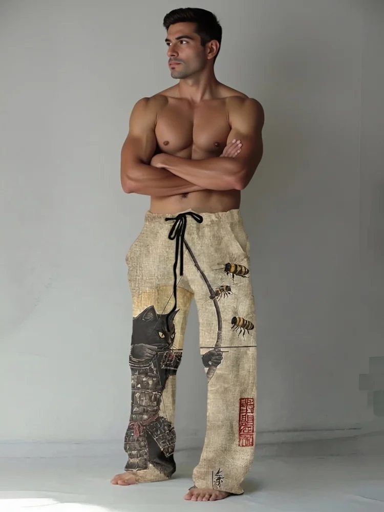 

Retro Casual Pants Holiday Men's Black Cat Tribal Warrior Japanese Kyudo Print Trouser Autumn Elastic Waist Drawstring Long Pant