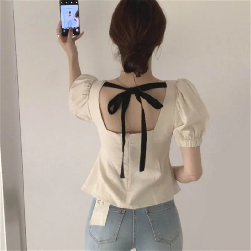 Back Lace Up Crop Top Blusas Mujer Summer Square Collar Blouse Roupas Femininas 2024 Shirts for Women Slim