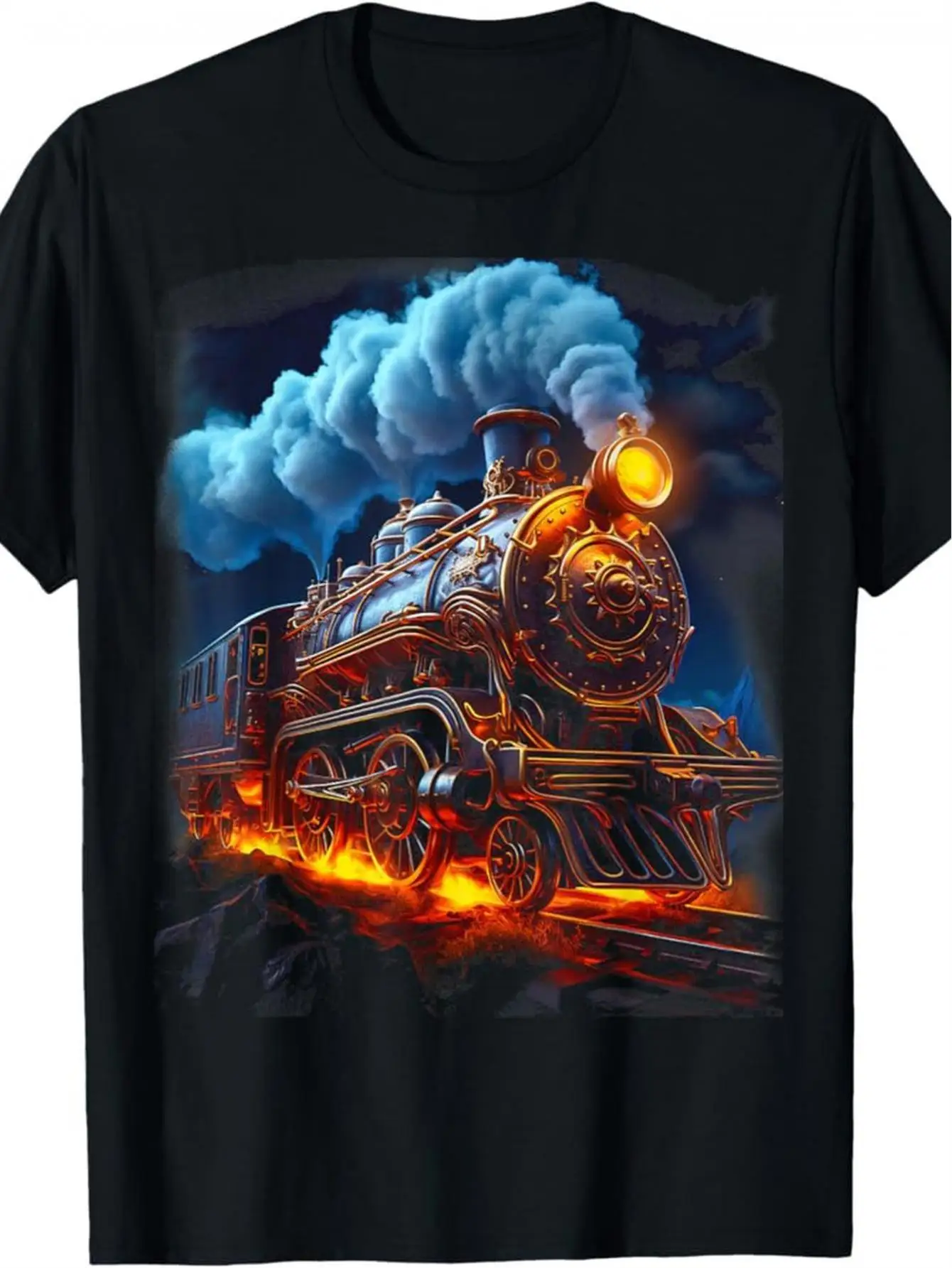 Men's Vintage Steam Train Print T-Shirt - Breathable retro train tee with glowing headlights and smoke design, casual men's clothing for all seasons, suitable for men