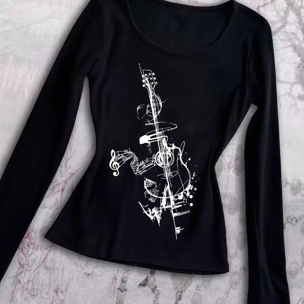 เสื้อยืดสีขาวทรงเข้ารูปสำหรับผู้หญิง ฤดูใบไม้ร่วงและฤดูหนาวใหม่ พิมพ์ลายเรขาคณิต คอกลม