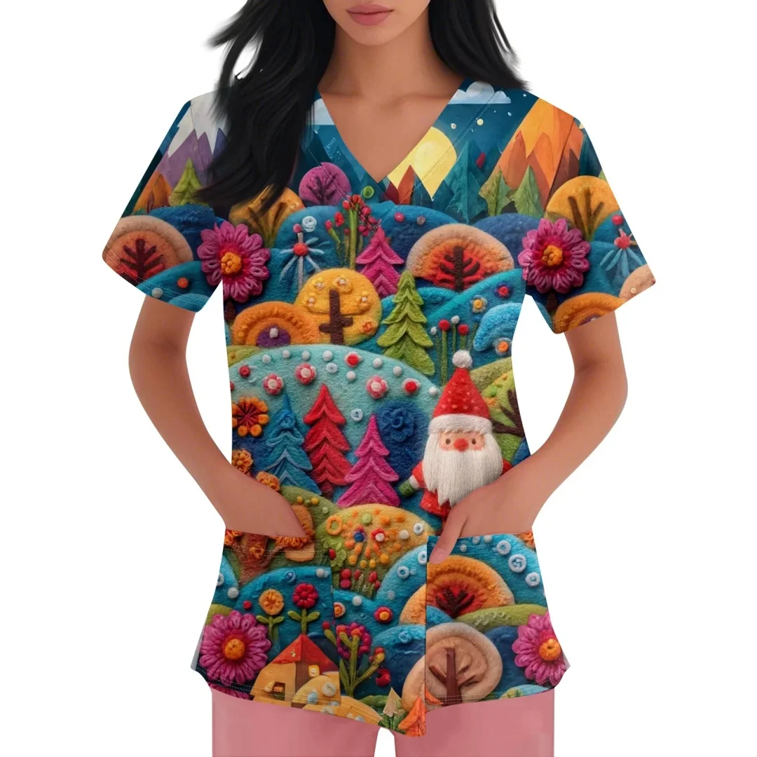 Nieuwe Sanitair Uniform Vrouw Kerstcollectie Print Modieuze V-hals Korte Mouw Hoge Kwaliteit Medische Uniformen Dames Top