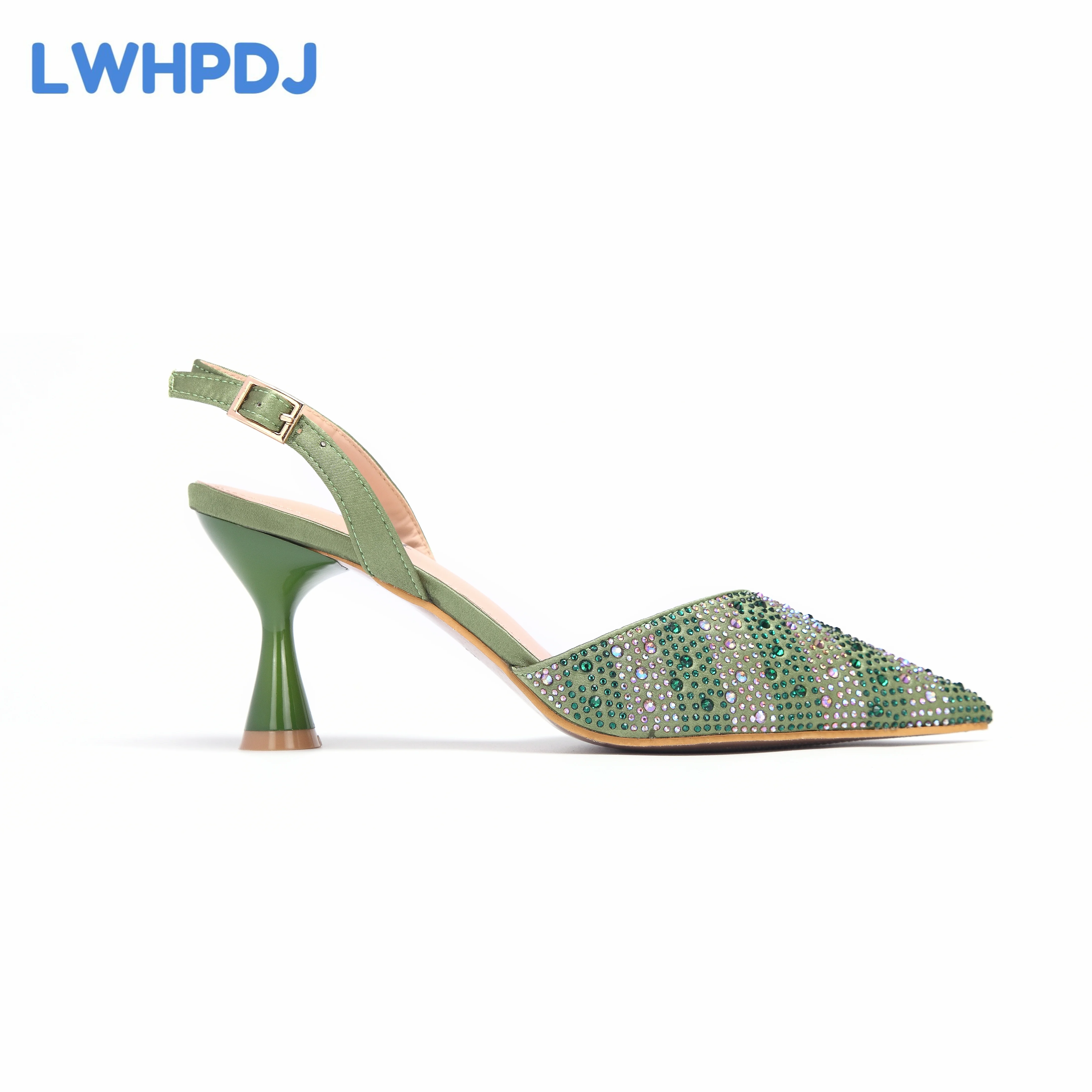 2024 Olive Green Thin Heels Pointed Toe Crystal Design Ladies Shoes Matching Bag Set For Women Weeding Party Pump