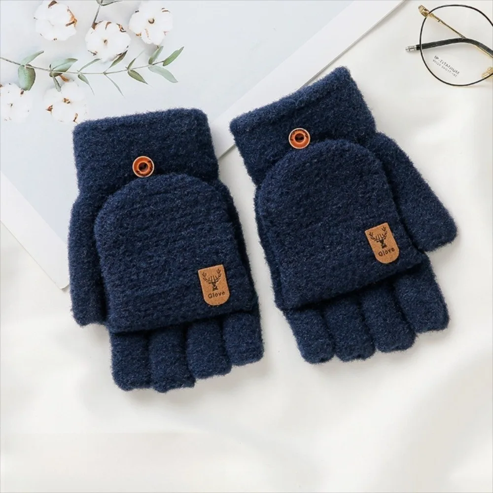 Fashion Warm Winter Knitted Gloves Windproof Thickened Half Finger Mittens Fleece Jacquard Thermal Gloves for Men