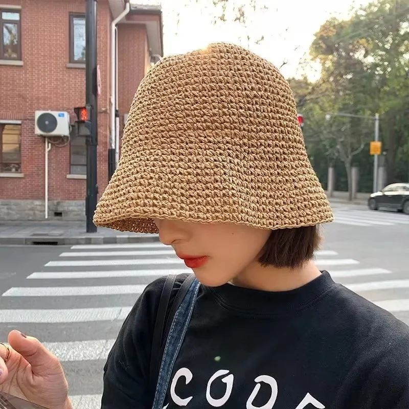 Beach Korean Straw Summer Women Visor Bucket Hat Fisherman Hat Hand Weaving Panama Girl Fishing Chapeau Sun Hats Tool Hat