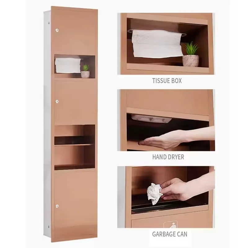 Commercial modern stainless steel recessed tissue holder with hand dryer and garbage collector for hotel bathrooms and toilets