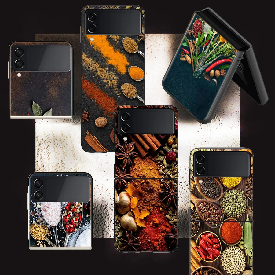 Kitchen Seasoning and Spices Phone For Samsung Galaxy Z Flip 5 4 3 5G Case Luxury Cover Z Flip 6 5G Black Cases Shell PC Fundas