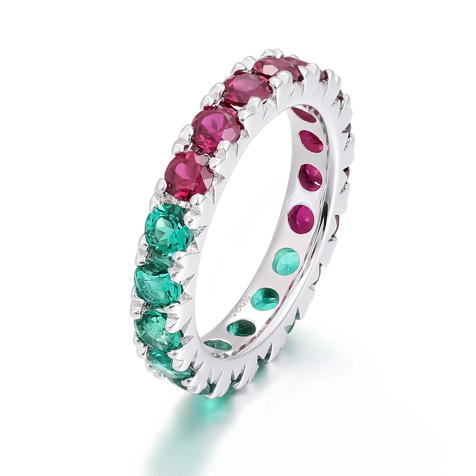 Provence 925 Sterling Silver Stackable RIng With Half 3mm Round Lab Ruby and Half Round Lab Emerald For Women Customized Gift