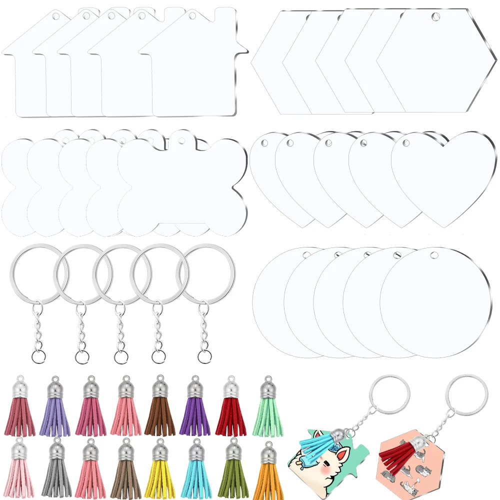 

60Pcs/Lot Acrylic Clear Discs Keychain Set Heart Acrylic Key Chain Blank Leather Tassel Pendant Kits for DIY Jewelry Making