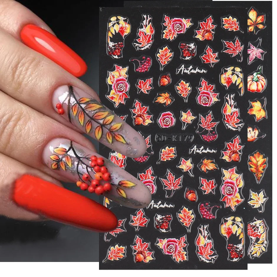 5D Autumn Nail Stickers Maple Leaf Fall Inspired Nails Design Pumpkin Wing Decals Thanksgiving Manicure Sliders Foils SA5D-K179