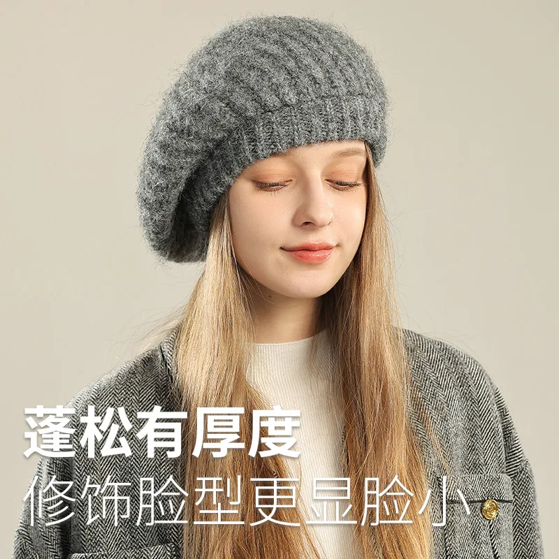 

Big Head Mohair Knit Beret Women Versatile Winter Retro eye-catching Small Woolen Artist Hat Gorros Invierno Mujer 4m723