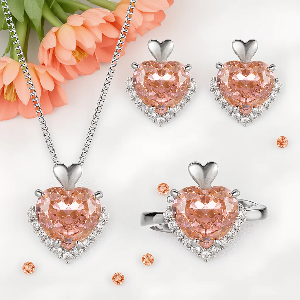 4pcs Trendy Elegant Set for Women Pink Double Heart-shaped Gemstone Necklace Shiny Crystal Choker Bridal Wedding Earrings Party