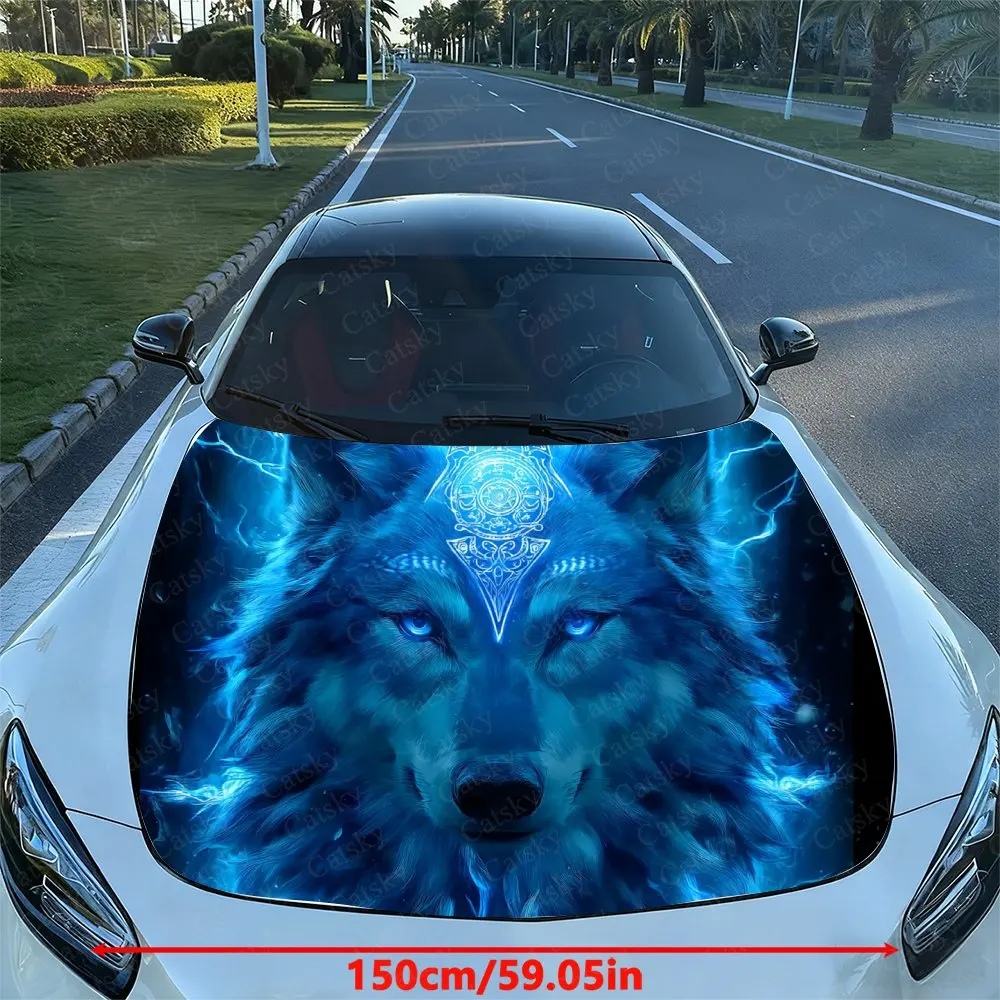 Blue Ice And Snow Wolf Car Hood Sticker, Easy To Install And Remove, Independence Day Car Decoration, Suitable For A-class Sedan