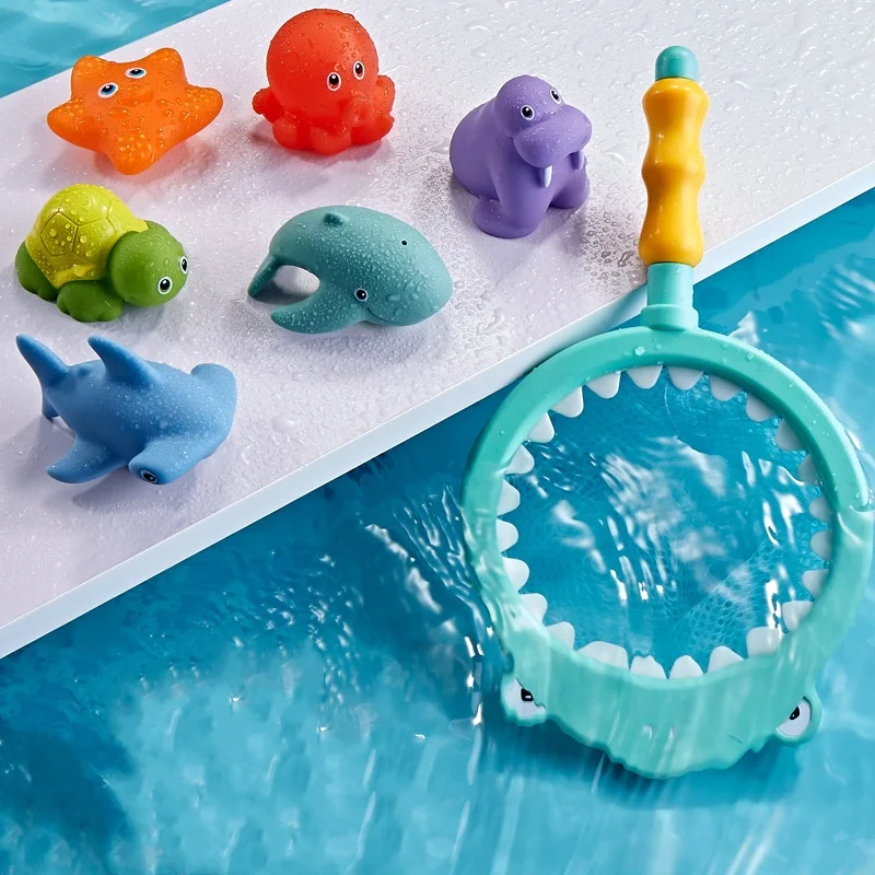 Juguete de baño para bebé, red de pesca flotante, imagen de viñetas de animales para niños, amasar, juguete de agua flotante feliz, regalo para bañera, piscina y playa