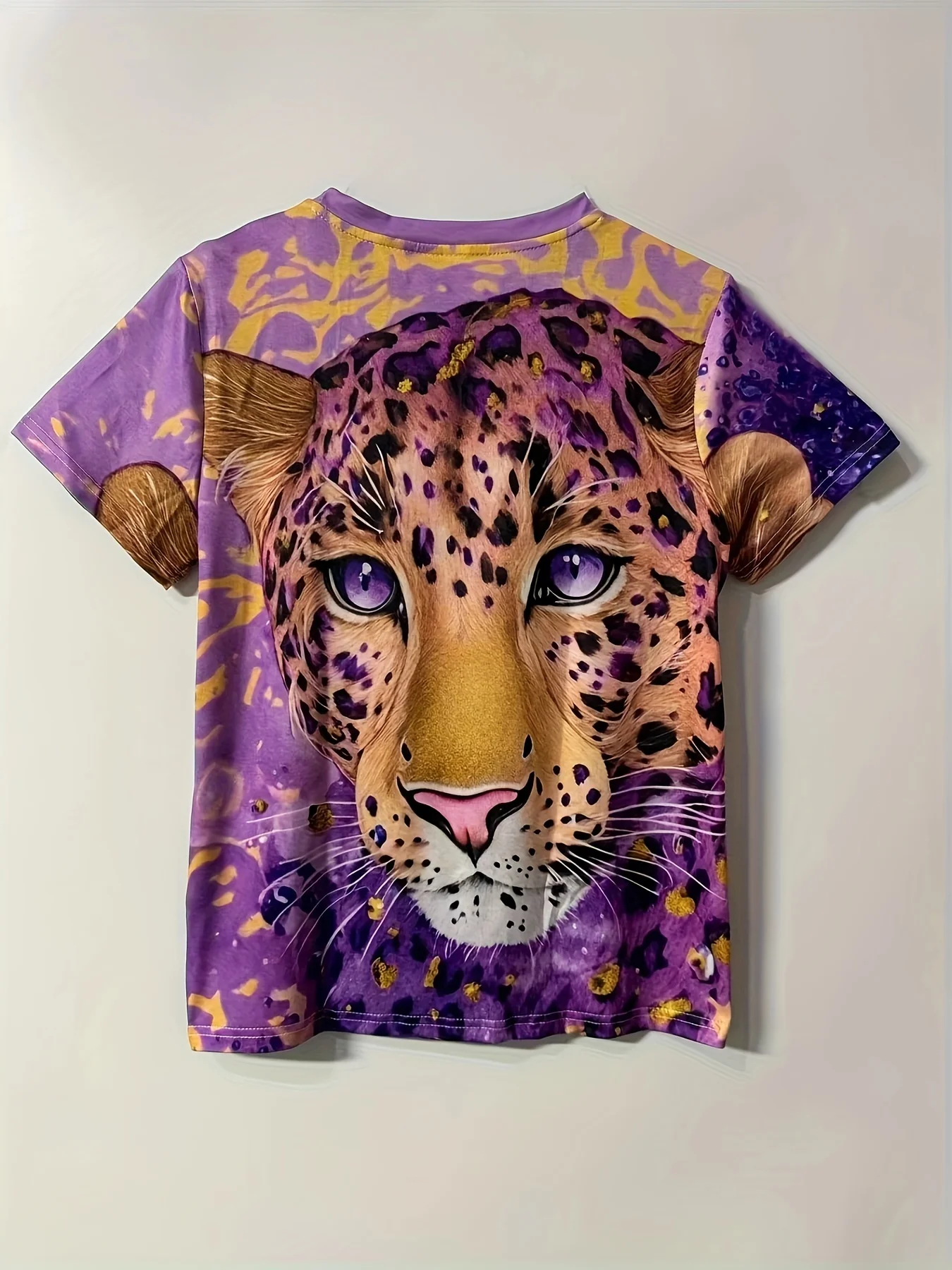 Women Crew Neck Short Sleeve T‑Shirt, Vivid Leopard Head With Purple Eyes Golden Background Animal Art Graphic Casual Tee
