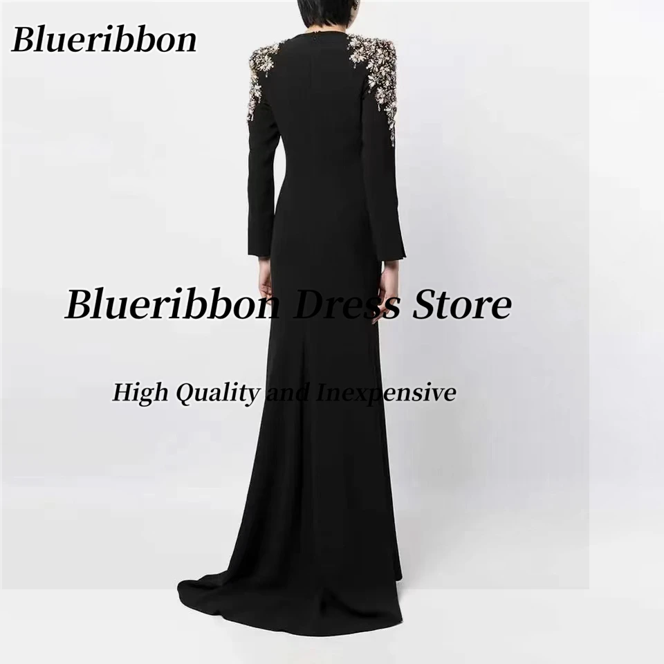 Blueribbon-Vestidos negros de alta costura para fiesta de noche, vestido de graduación con cuello en V redondo, mangas largas con cuentas, cremallera en la espalda