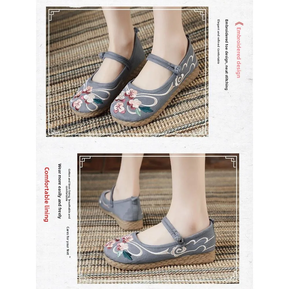 Traditional Chinese Embroidered Slip-On Shoes Women's Summer Breathable Floral Pattern Cotton Shoes for Tea Ceremony