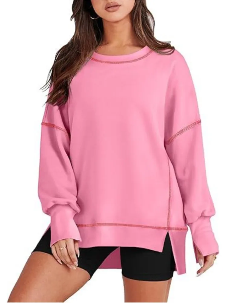 Women Solid Color Casual Round Neck Tops Fashion Side And Sleeve Slit Design Pullovers Autumn Long Sleeve Commute Ladies Outfits